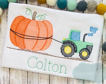 Boys Fall Shirt, Tractor Pulling Pumpkin Shirt, Toddler Fall Outfit, Halloween Shirt, Thanksgiving Shirt, Personalized Embroidered Shirt