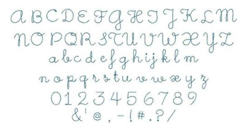 Pu&ograve; includere: Un alfabeto scritto a mano in corsivo, che include lettere maiuscole e minuscole, numeri e segni di punteggiatura.