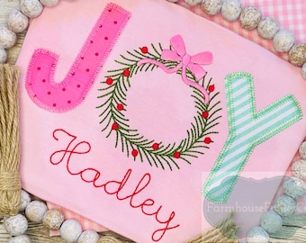 Girls Christmas Joy Shirt, Christmas Outfit, Applique Christmas Shirt, Monogrammed Personalized Shirt, Pink Christmas, Embroidered Shirt