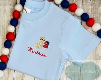 Camiseta del 4 de julio para niños, camiseta de perro para bebé, camiseta con la bandera estadounidense, camiseta con monograma para niños, primer 4 de julio para bebé, bordado del Día de la Independencia