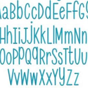 May include: A complete alphabet in uppercase and lowercase letters, rendered in a teal, handwritten-style font. The letters are evenly spaced and arranged in rows on a white background, suitable for embroidery or digital design projects.