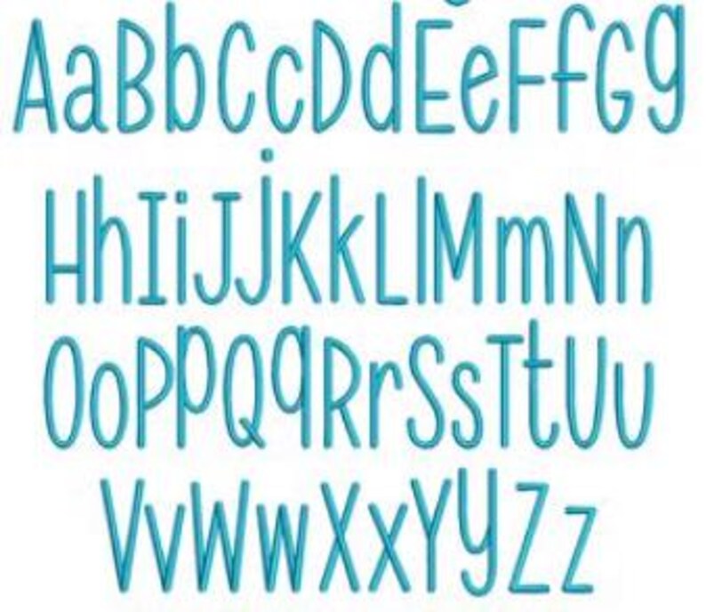 May include: A complete alphabet in uppercase and lowercase letters, rendered in a teal, handwritten-style font. The letters are evenly spaced and arranged in rows on a white background, suitable for embroidery or digital design projects.