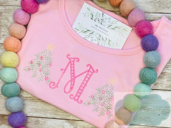 Girls Christmas Monogram Shirt, Pink Christmas Tree Shirt, First Christmas, Holiday Shirt for Girls, Vintage Monogram, Embroidered Shirt