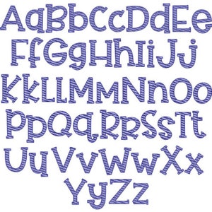May include: A blue alphabet font with a striped pattern. The letters are in uppercase and are arranged in alphabetical order.