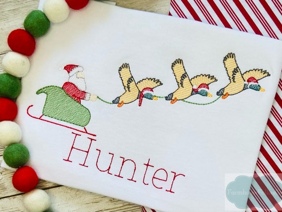 Boys Christmas Shirt, Duck Christmas Shirt, Santa's Sleigh, Mallard Duck, Hunting Holiday Shirt, Duck Hunter Christmas, Xmas Embroidery