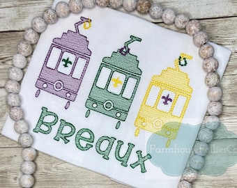 Boys Mardi Gras Shirt, New Orleans Trolley Car, Fat Tuesday Outfit, Green Yellow Purple Street Car, Toddler Mardi Gras, Embroidered Shirt