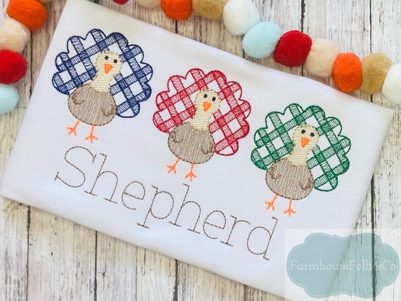 Boys Thanksgiving Shirt, Gingham Turkey Shirt, Turkey Day Outfit, TGiving for Toddlers, Turkey Trio, First Thanksgiving, Embroidered Shirt