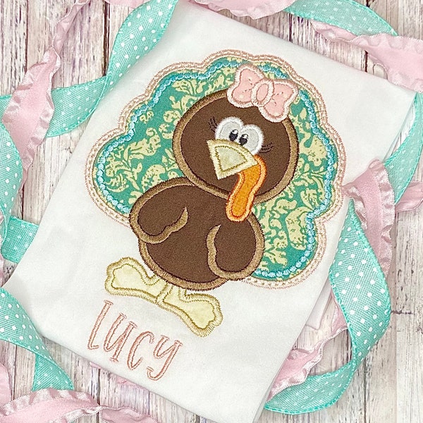 Girls Personalized Thanksgiving Shirt, Turkey Applique TShirt, Turkey Day Tee for Toddlers, Custom Embroidered Baby Gift, First Thanksgiving