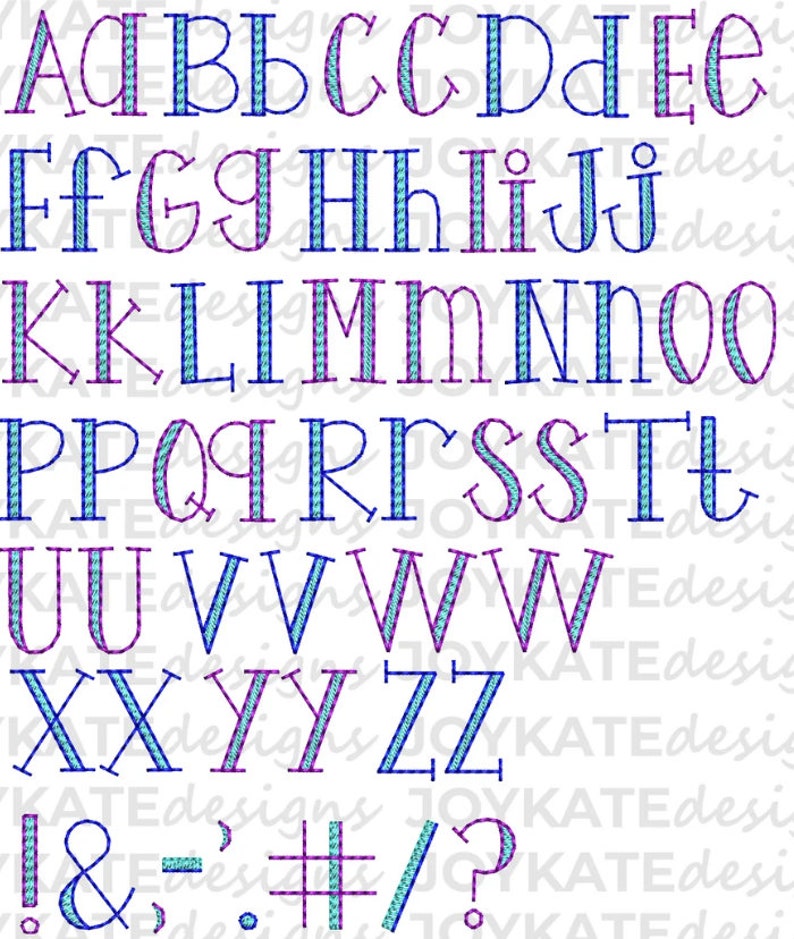 May include: A colorful alphabet with blue and purple embroidery. The letters are in a simple, blocky font. The letters A through Z are shown, as well as punctuation marks.