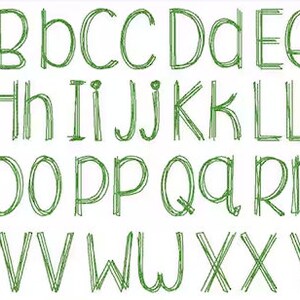 May include: A green alphabet font with a double line design. The letters are uppercase and are arranged in alphabetical order.
