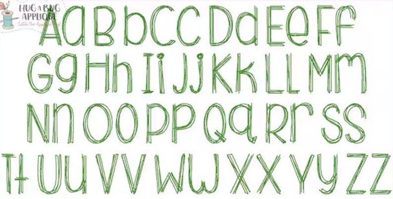 May include: A green alphabet font with a double line design. The letters are uppercase and are arranged in alphabetical order.