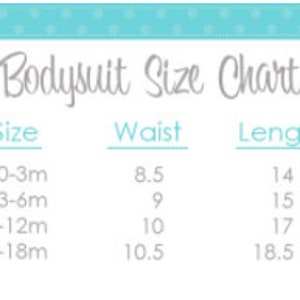 May include: A size chart for baby bodysuits with measurements in inches. The chart shows the size, waist, and length of the bodysuits. The sizes are 0-3m, 3-6m, 6-12m, and 12-18m.