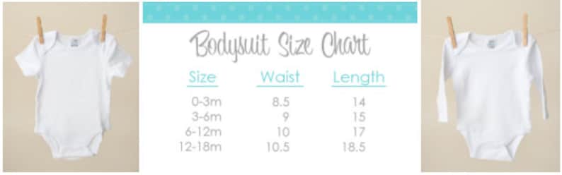 May include: A size chart for baby bodysuits with measurements in inches. The chart shows the size, waist, and length of the bodysuits. The sizes are 0-3m, 3-6m, 6-12m, and 12-18m.