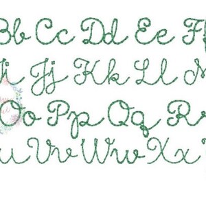 May include: A handwritten alphabet in a cursive font, with each letter in green, outlined in white. The letters are arranged in three rows, with the first row starting with "Aa" and ending with "Gg", the second row starting with "Hh" and ending with "Mm", and the third row starting with "Nn" and ending with "Zz".