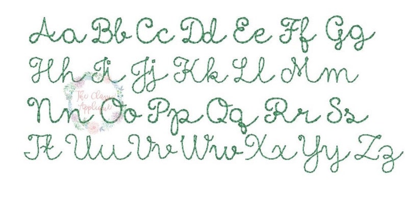 May include: A handwritten alphabet in a cursive font, with each letter in green, outlined in white. The letters are arranged in three rows, with the first row starting with "Aa" and ending with "Gg", the second row starting with "Hh" and ending with "Mm", and the third row starting with "Nn" and ending with "Zz".