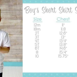 May include: A size chart for boys' short sleeve shirts. The chart shows sizes from 12 months to 10 years old, with corresponding chest and length measurements in inches.
