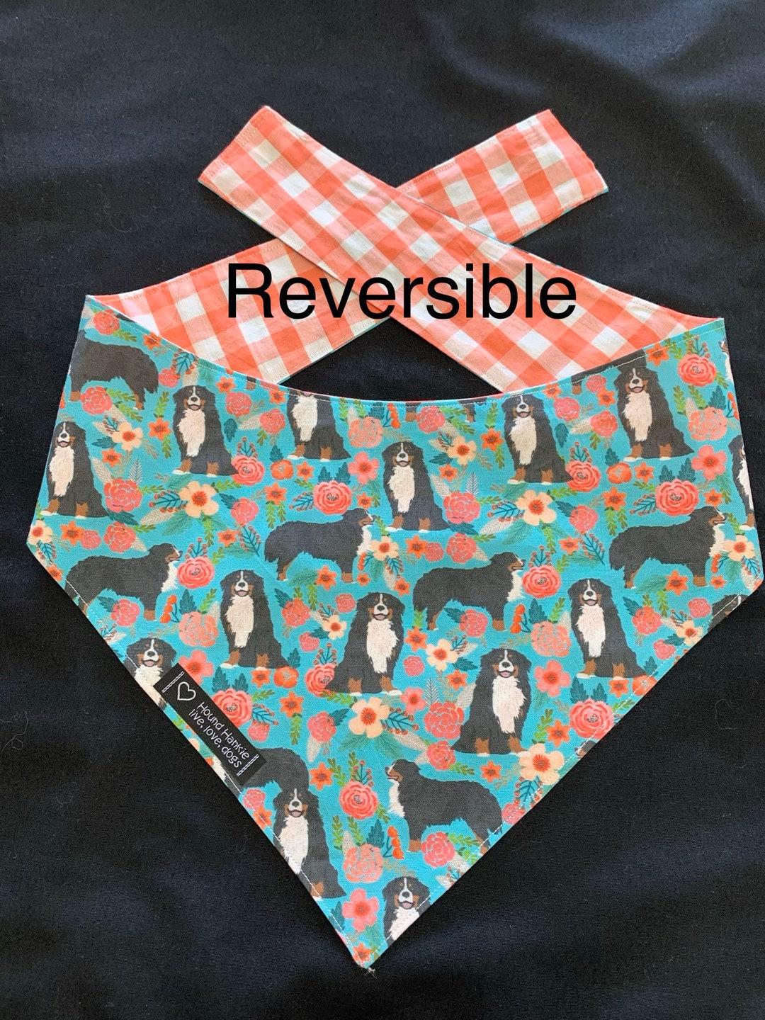 Dog Bandana Reversible Bernese Mountain Dog Gingham Spring Flowers