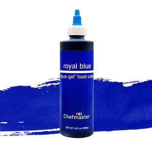 May include: A bottle of Chefmaster Royal Blue liquid food coloring. The bottle is 10.5 ounces and is labeled "Aqua-gel" food color.