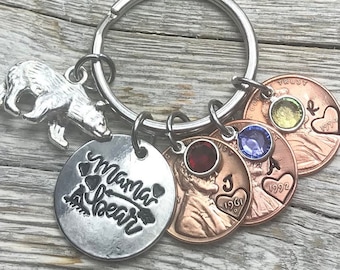 Personalized Momma bear Keychain, Custom Mom Gift, Mom Birthday Gift, Mom Penny Keychain, Customized Mom Keychain, Mothers Day Gift