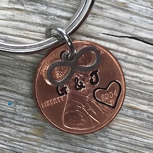 May include: A copper penny keychain with an infinity symbol charm, the letters "G & J" and a heart with the year "2004" engraved on it.