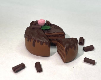 Miniature Chocolate Cake Drip Icing for dollhouse with pink rose and chocolate shavings