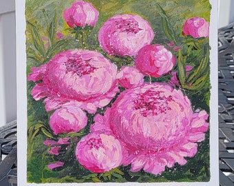 Pink peonies garden flowers acrylic handmade painting wall or desk art
