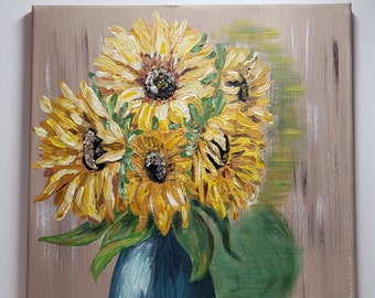 Sunflowers original acrylic hand painting, Floral still life, Flower wall decoration