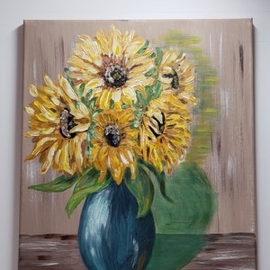 Sunflowers original acrylic hand painting, Floral still life, Flower wall decoration