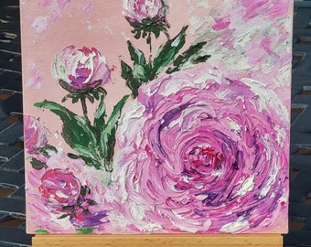 IMPASTO technique Pink peonies garden flowers acrylic handmade painting wall art