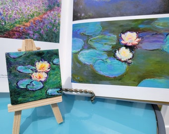 Miniature Monet’s painting. Water Lilies. Impressionism. Original acrylic replica hand painting.