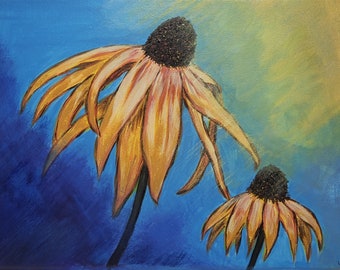 Daisy acrylic painting, yellow coneflower. Floral Original Art, Wall Art, Home Decoration.