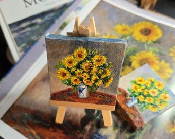 Miniature Sunflower Painting: Monet Impressionism Style. Original Hand-Painted