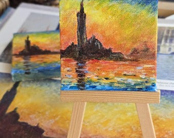 Miniature Monet Painting: Venice at Dusk, Hand-Painted Acrylic Replica