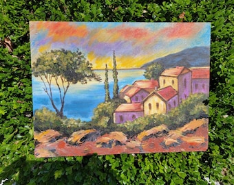Hot summer in Italy. Original acrylic painting, Handmade Art Decoration.
