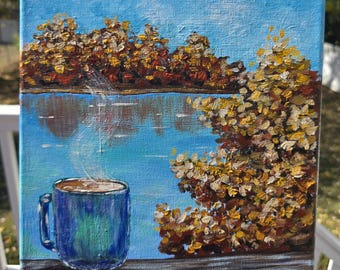 Autumn scenery with cup of coffee. Original acrylic hand painting.