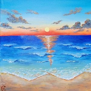 Ocean sun rise. Acrylic original painting, 100 % hand art, seascape wall decoration, blue ocean wall art