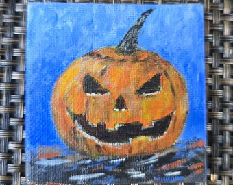 Jack-o'-lantern Halloween Pumpkin Miniature Magnetic Painting, Original Individually Hand-Painted Acrylic Art