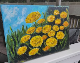 Dandelions yellow bright flowers, acrylic hand painting, fine art wall decoration