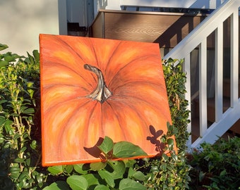 Pumpkin original acrylic painting. Fall Thanksgiving Halloween Wall Handmade Art Decoration