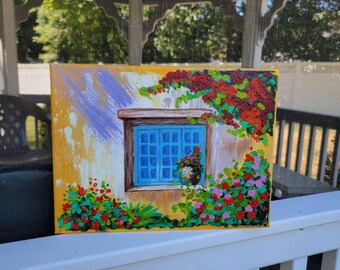 Window with flowers. Old wall window . Acrylic  painting. Original fine art. Home decoration.