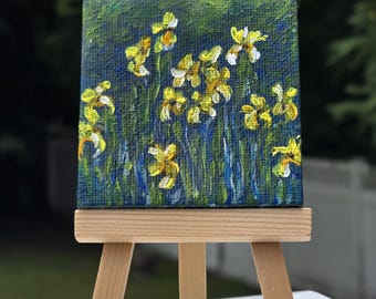 Miniature Monet’s painting. Yellow Irises. Impressionism. Original acrylic replica hand painting.