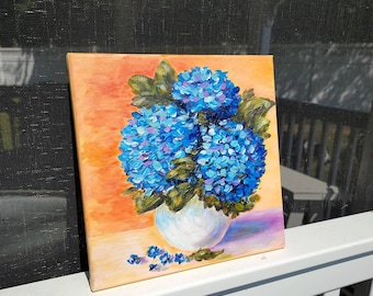Blue hydrangea in vase,  acrylic painting, hand painted wall art