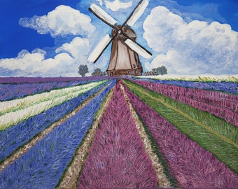Lavender field, windmill, Holland landscape Original Acrylic painting, Wall decoration