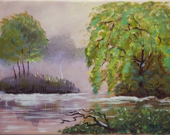 Calm green landscape, Acrylic original painting, Wall decoration