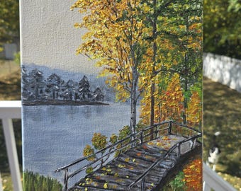 Fall scenery. Bridge to the Autumn. Original acrylic hand painting.