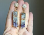 Gold Plated Purple Druzy Amethyst Geode Drop Earrings with CZ Pave Stud