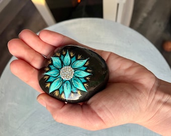 Mandala Spring Blue Flower Bedazzled Hand painted rock