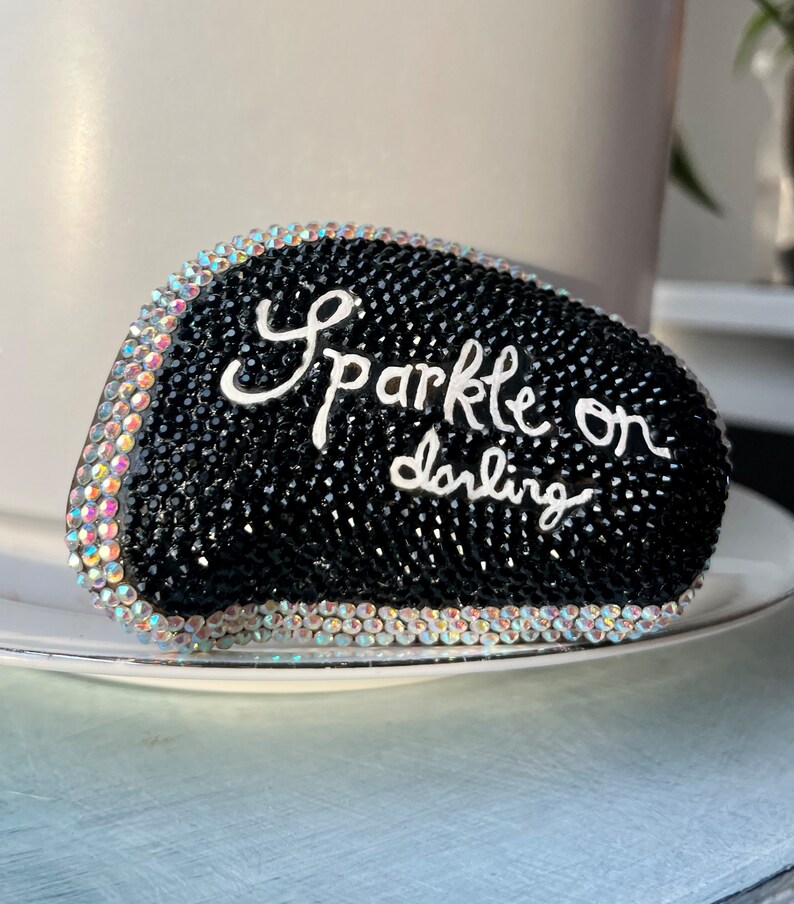 Bedazzled Black and Sparkle Painted Stone Rock Gift for Her Etsy