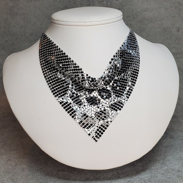 Leopard silver mesh necklace, Bib necklace for women, Southwestern style bolo necklace, Cowgirl jewelry, 80s disco party