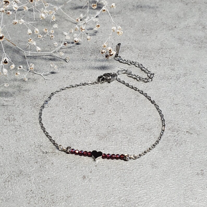 once more with love tiny silver heart January birthstone Garnet bracelet Tiny heart bracelet personalized mindfulness gift